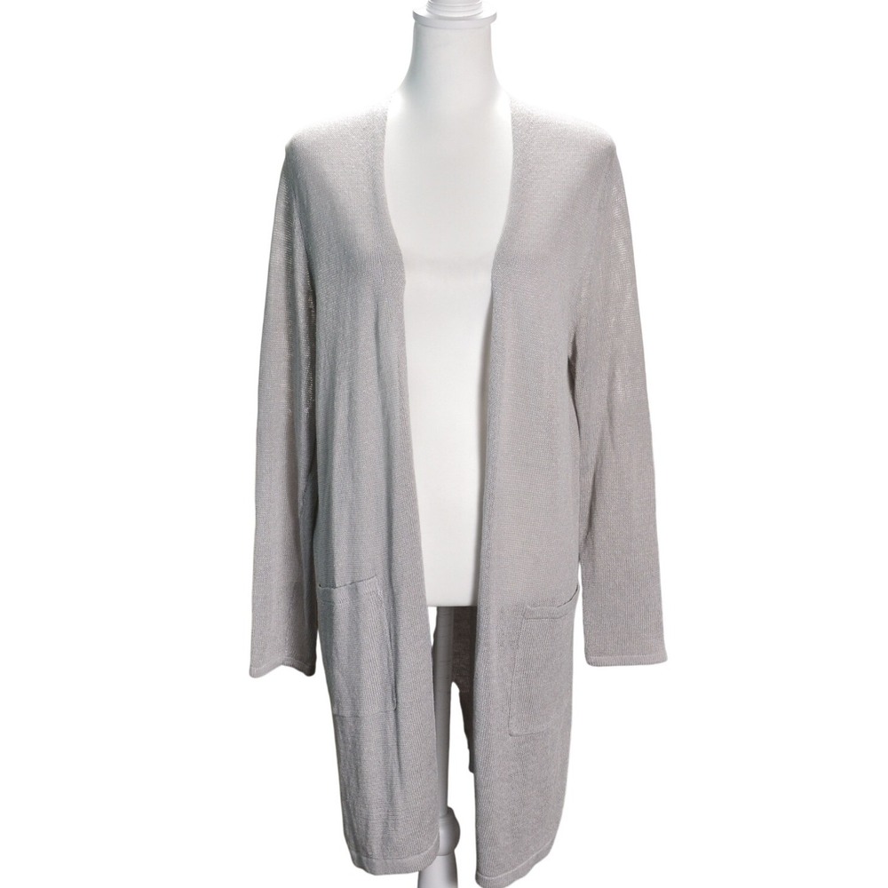 J. Jill Cardigan Sweater Womens‎ M Grey Linen Blend Open Front Longline Pocket